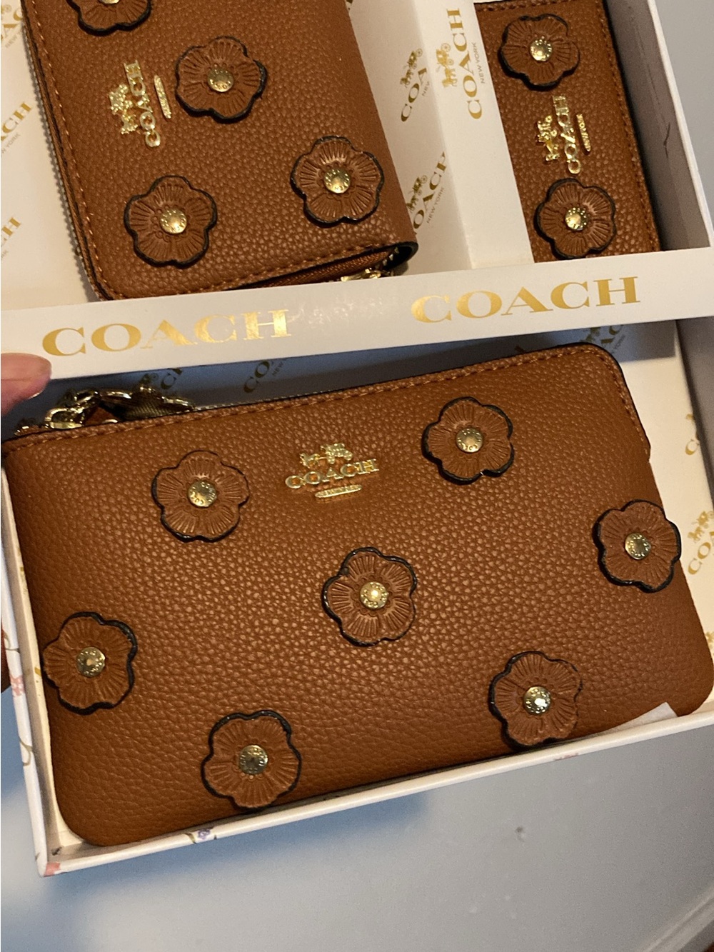 Coach Tan Floral Appliqué Pebbled Leather Wristlet